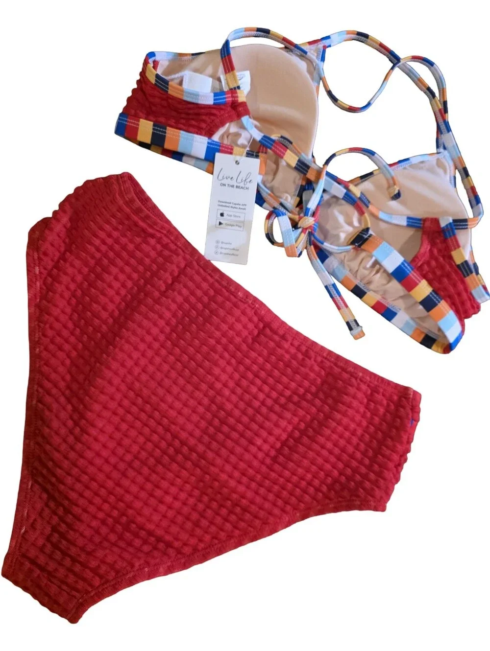 Cupshe Cross Back Triangle Top & Hipster Bottoms Red Textured Swimwear Sz S NWT